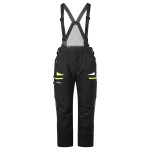 A pair of black work trousers designed for use on construction sites and in industrial work environments.,