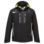 A black jacket designed for use on construction sites and in industrial work environments.,