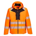 A high-visibility orange waterproof jacket featuring retroreflective tape panels, suitable for a wide range of outdoor and site work applications.