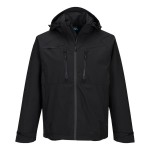 A black waterproof jacket designed for use on construction sites and in industrial work environments.,