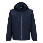 A navy blue waterproof jacket designed for use on construction sites and in industrial work environments.,