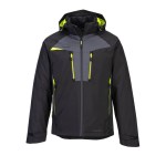 A black jacket designed for use on construction sites and in industrial work environments.,