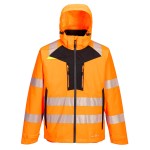 A high-visibility orange jacket featuring retroreflective tape panels, suitable for a wide range of outdoor and site work applications.