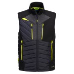 A black safety vest designed for use on construction sites and in industrial work environments.,