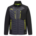 A black jacket designed for use on construction sites and in industrial work environments.,