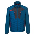 A blue jacket designed for use on construction sites and in industrial work environments.,