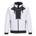 A white sweatshirt featuring a full-length zip front, suitable for a wide range of outdoor and site work applications.