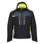 A black softshell jacket designed for use on construction sites and in industrial work environments.,