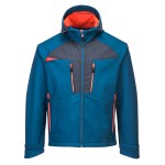 A blue softshell jacket designed for use on construction sites and in industrial work environments.,