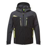A grey softshell jacket designed for use on construction sites and in industrial work environments.,