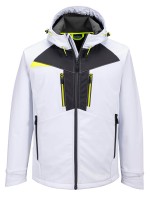 A white softshell jacket designed for use on construction sites and in industrial work environments.,
