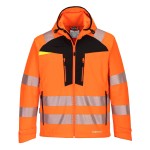 A high-visibility orange softshell jacket featuring retroreflective tape panels, suitable for a wide range of outdoor and site work applications.