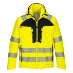 A high-visibility yellow softshell jacket featuring retroreflective tape panels, suitable for a wide range of outdoor and site work applications.