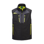 A black workwear garment designed for use on construction sites and in industrial work environments.,