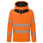 A high-visibility orange sweatshirt featuring retroreflective tape panels, suitable for a wide range of outdoor and site work applications.