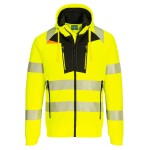 A high-visibility yellow sweatshirt featuring retroreflective tape panels, a full-length zip front, suitable for a wide range of outdoor and site work applications.