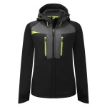 A women's black softshell jacket designed for use on construction sites and in industrial work environments.,