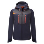 A women's navy blue softshell jacket designed for use on construction sites and in industrial work environments.,