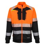 A high-visibility orange work shirt featuring retroreflective tape panels, a full-length zip front, suitable for a wide range of outdoor and site work applications.