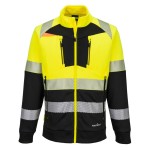 A high-visibility yellow work shirt featuring retroreflective tape panels, a full-length zip front, suitable for a wide range of outdoor and site work applications.