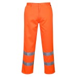 A pair of high-visibility orange trousers featuring retroreflective tape panels, suitable for a wide range of outdoor and site work applications.