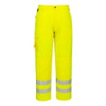 A pair of high-visibility yellow trousers featuring retroreflective tape panels, suitable for a wide range of outdoor and site work applications.