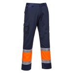 A pair of high-visibility orange trousers featuring retroreflective tape panels, suitable for a wide range of outdoor and site work applications.