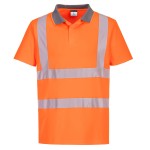 A high-visibility orange polo shirt featuring retroreflective tape panels, suitable for a wide range of outdoor and site work applications.