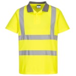 A high-visibility yellow polo shirt featuring retroreflective tape panels, suitable for a wide range of outdoor and site work applications.