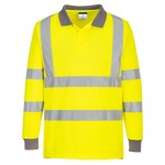 A high-visibility yellow polo shirt featuring retroreflective tape panels, suitable for a wide range of outdoor and site work applications.