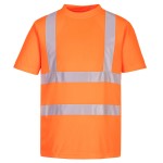 A high-visibility orange work shirt featuring retroreflective tape panels, suitable for a wide range of outdoor and site work applications.