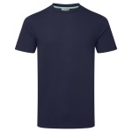 A navy blue work shirt designed for use on construction sites and in industrial work environments.,