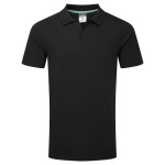 A black polo shirt designed for use on construction sites and in industrial work environments.,