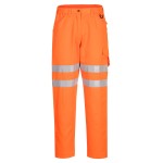 A pair of high-visibility orange trousers featuring retroreflective tape panels, suitable for a wide range of outdoor and site work applications.