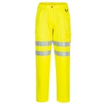 A pair of high-visibility yellow trousers featuring retroreflective tape panels, suitable for a wide range of outdoor and site work applications.