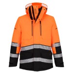 A high-visibility orange jacket featuring retroreflective tape panels, suitable for a wide range of outdoor and site work applications.
