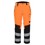A pair of high-visibility orange trousers featuring retroreflective tape panels, suitable for a wide range of outdoor and site work applications.