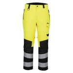 A pair of high-visibility yellow trousers featuring retroreflective tape panels, suitable for a wide range of outdoor and site work applications.