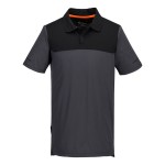 A grey polo shirt designed for use on construction sites and in industrial work environments.,