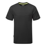 A black work shirt designed for use on construction sites and in industrial work environments.,
