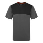 A grey work shirt designed for use on construction sites and in industrial work environments.,