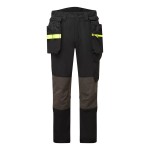 A pair of black work trousers featuring stretch panels for ease of movement, suitable for a wide range of outdoor and site work applications.