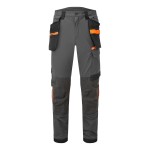 A pair of grey work trousers featuring stretch panels for ease of movement, suitable for a wide range of outdoor and site work applications.