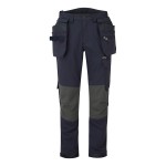 A pair of navy blue work trousers featuring stretch panels for ease of movement, suitable for a wide range of outdoor and site work applications.