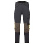 A pair of black work trousers featuring stretch panels for ease of movement, suitable for a wide range of outdoor and site work applications.