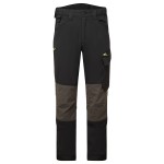 A pair of black work trousers featuring stretch panels for ease of movement, suitable for a wide range of outdoor and site work applications.