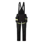 A pair of black work trousers designed for use on construction sites and in industrial work environments.,