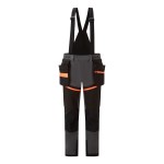 A pair of grey work trousers designed for use on construction sites and in industrial work environments.,