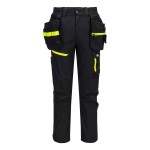 A pair of black work trousers designed for use on construction sites and in industrial work environments.,