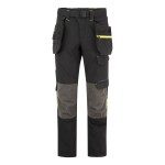 A pair of black work trousers designed for use on construction sites and in industrial work environments.,